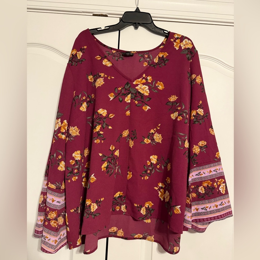 Ana 2X Boho Floral V-Neck Women's Top - Purple